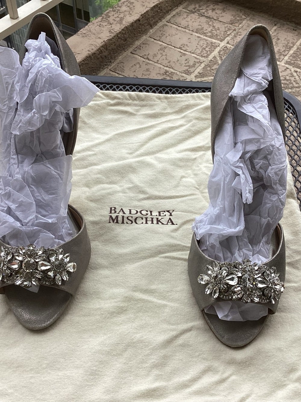 Badgley Mischka Silver Crystal-Embellished Peep-Toe Heels